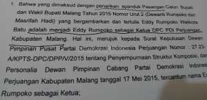 Kutipan rekomendasi Panwaslu terhadap KPU agar nama Wali Kota Batu Eddy Rumpoko, diganti dengan Ketua DPC PDI Perjuangan Kabupaten Malang.