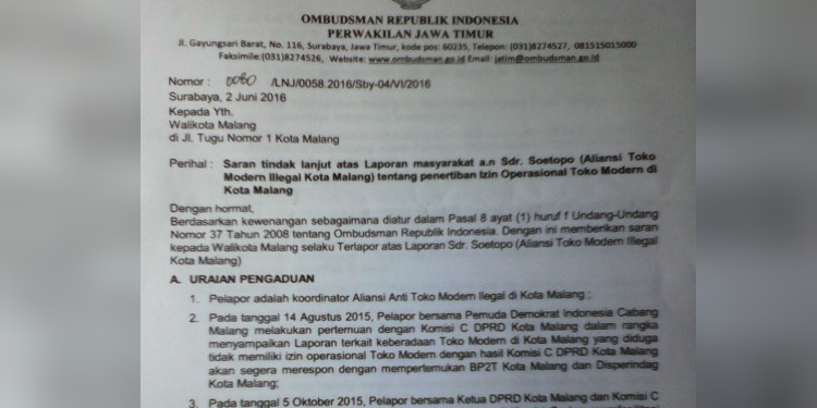 Soal Toko Modern Ilegal, Ombudsman: Wali Kota Malang Maladministrasi