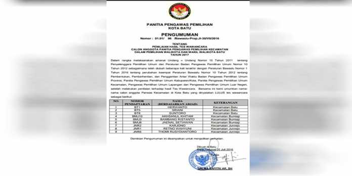 Nama-nama panitia pengawas pemilu kecamatan yang lulus seleksi (istimewa)