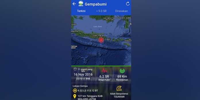 Titik lokasi pusat gempa bumi di Kabupaten Malang.
