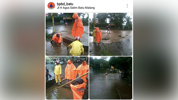 Banjir bandang akibat luapan air drainase di Jalan Agus Salim, Kelurahan Sisir, Kota Batu. (BPBD for Mvoice).