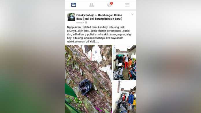 Penemuan bayi perempuan di Jalan Lesti Kota Batu gegerkan warga.(screnshoot facebook)