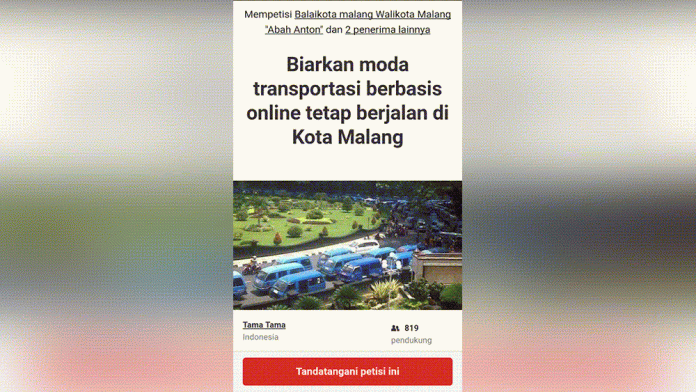 819 orang mempetisi wali kota agar mempertahankan transportasi online di Kota Malang. (Change.org)