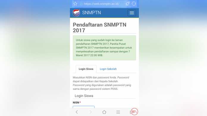 Perpanjangan log in SNMPTN yang termuat di laman resmi