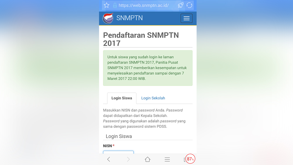Perpanjangan log in SNMPTN yang termuat di laman resmi