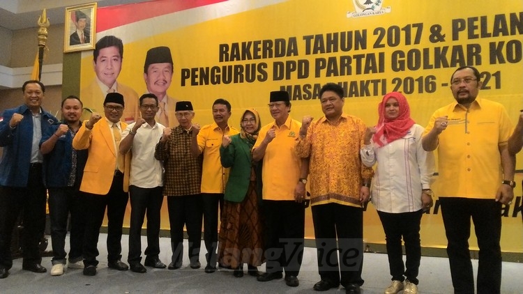 Ketua DPD Partai Golkar Jawa Timur, Nyono Suharli saat hadir di Rakerda dan Pelantikan Partai Golkar Kota Malang.(Miski)