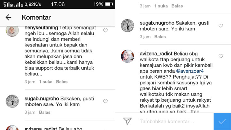 Percakapan warganet di akun Instagram @dewanti_rumpoko terkait KPK tangkap Wali Kota Batu. (istimewa)