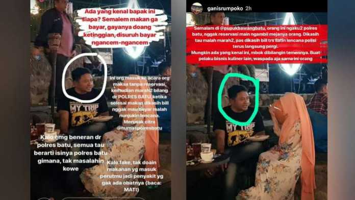 Oknum mengaku anggota Polres Batu saat di Pupuk Bawang Café, Minggu (31/12). (Instagram @ganisrumpoko)