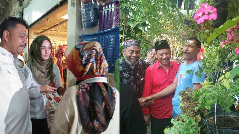 Ya'qud Ananda Gudban blusukan ke pasar tradisional (kiri), sedangkan Ahmad Wanedi menyambangi pasar bunga (kanan). (Muhammad Choirul)