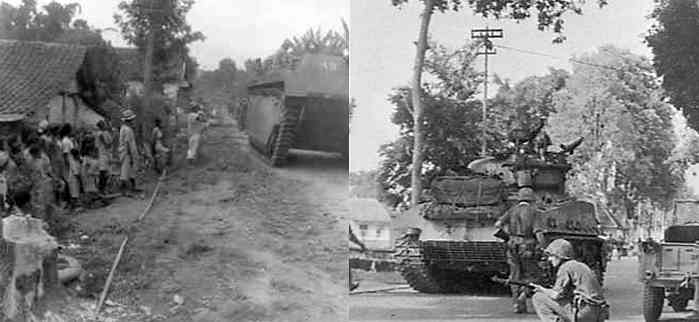 Pasukan Belanda saat Agresi Belanda I di Malang (kiri), Tank Belanda memasuki Batu (1947)