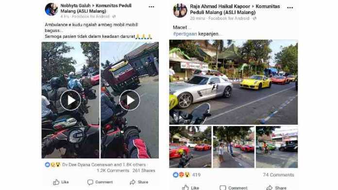 Warganet mengeluhkan iring-iringan super car di Facebook Komunitas Peduli Malang. (Facebook/MVoice)