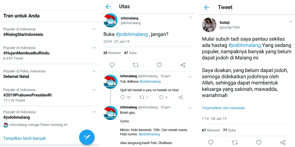 #JodohMalang Trending Topik Twitter, Sutiaji Ikut Mendoakan Para Jomlo