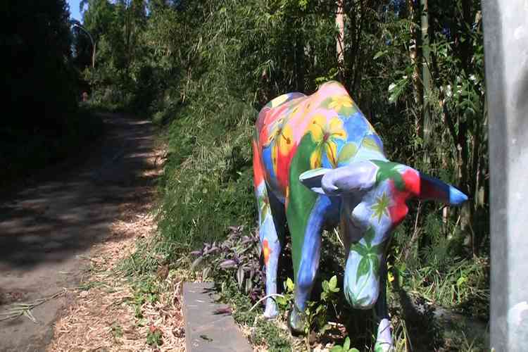 Patung sapi yang diletakkan di sepanjang jalan di Dusun Brau, Desa Gunungsari, Kota Batu (Foto: Ayun/MVoice).