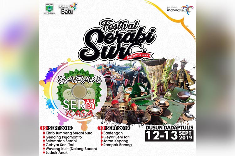 Poster kegiatan Festival Serabi Suro 2019 yang digelar Dinas Pariwisata (Disparta) Kota Batu bersama Kelurahan Dadaprejo.