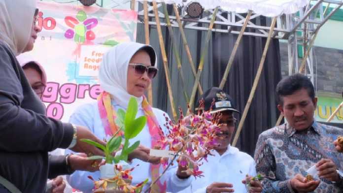 Wali Kota Batu, Dewanti Rumpoko ketika menanan Anggrek di Kelurahan Dadaprejo, Kota Batu, Minggu (6/10).