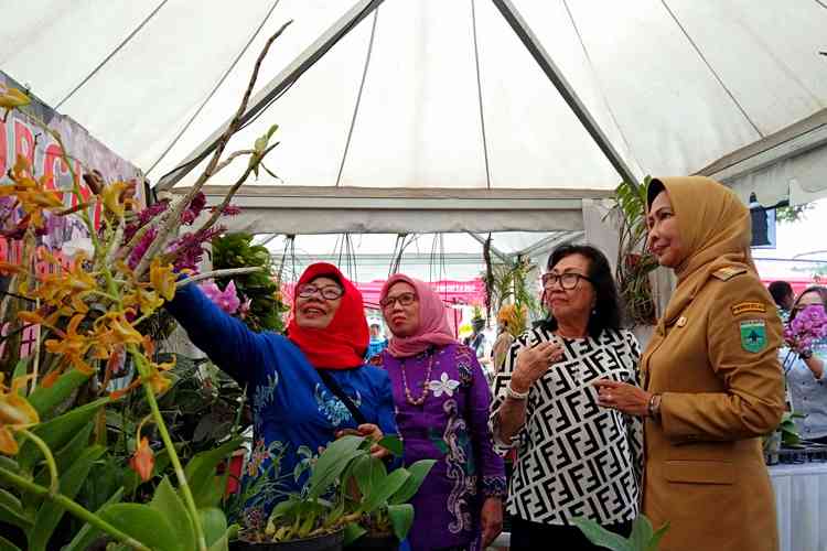 Wali Kota Batu, Dewanti Rumpoko saat melihat salah satu Anggrek yang dipamerkan di Event Bertajuk the Orchid Week 2019, Senin (7/10). (Foto: Ayun/MVoice)