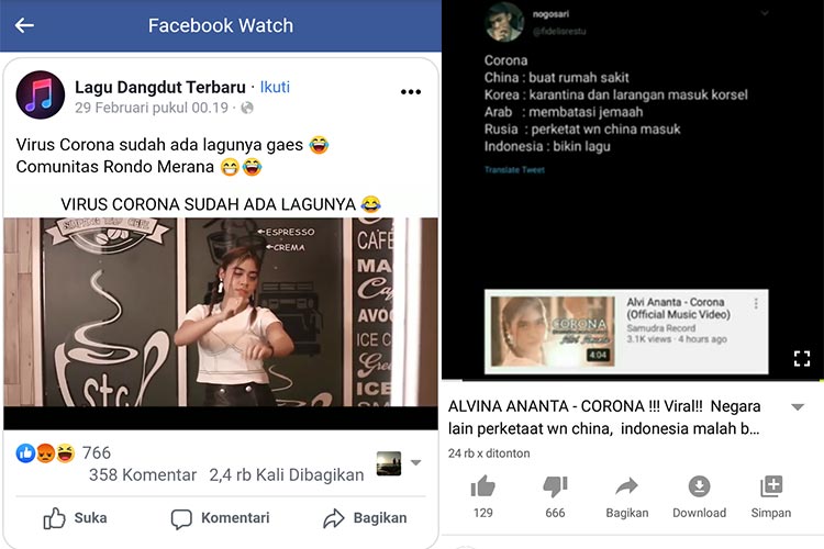 Tangkapan layar video viral lagu 'Corona' yang dinyanyiian Alvi Ananta di akun Facebook Lagu Dangdut Terbaru