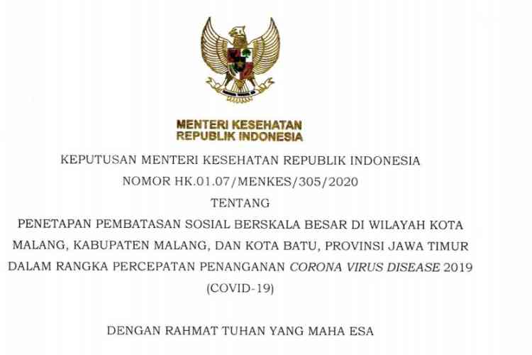 Penampakan surat keputusan Menteri Kesehatan tentang PSBB Malang Raya.