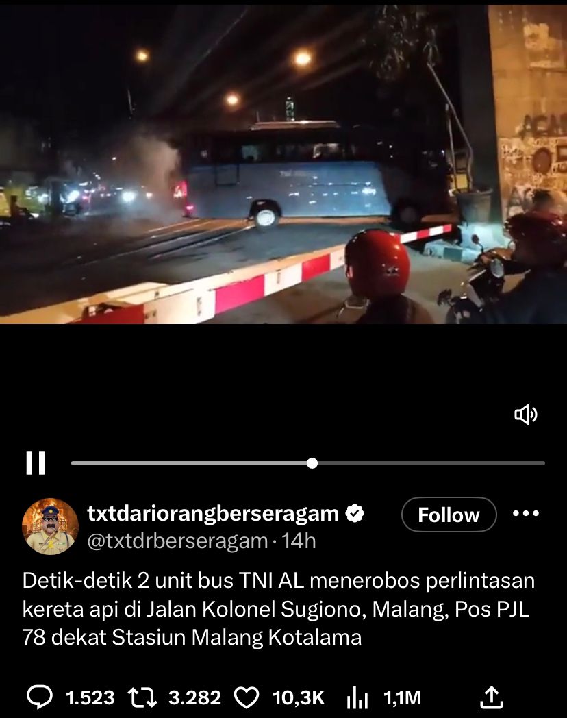 Komentar TNI AL Terkait Bus Viral Terobos Perlintasan KA di Malang